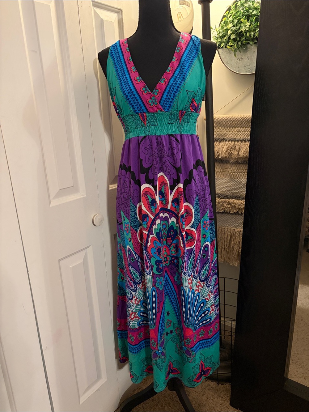 Vibrant Purple & Teal Floral Midi Dress - Sleeveless V-Neck
